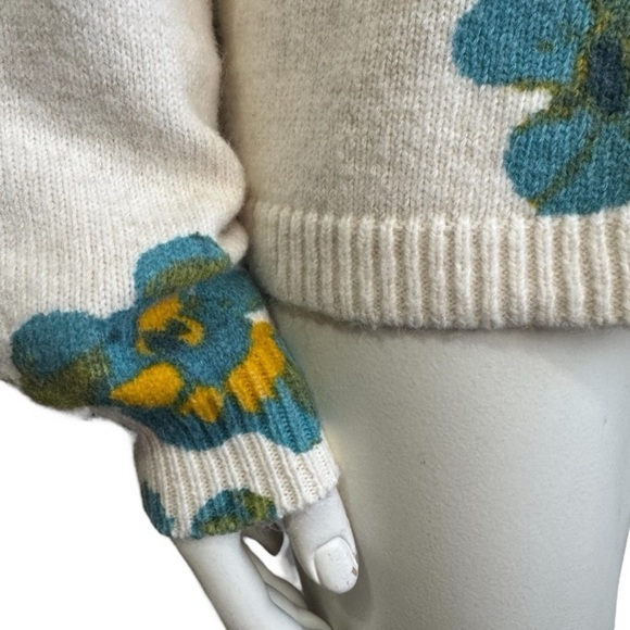 LOFT floral ivory teal cotton blend mock neck pullover sweater women's small - Picture 4 of 16